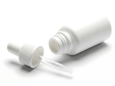 Clean white dropper bottle with transparent dropper nozzle, empty container