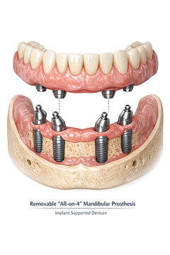 Dental implants with metal attachments in a human mouth for supporting artificial teeth