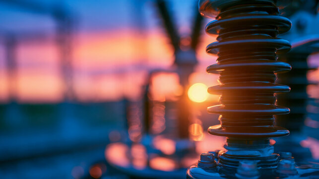 Close-up of a high voltage electrical insulator at a power substation during dusk, representing electricity transmission, grid infrastructure and energy engineering