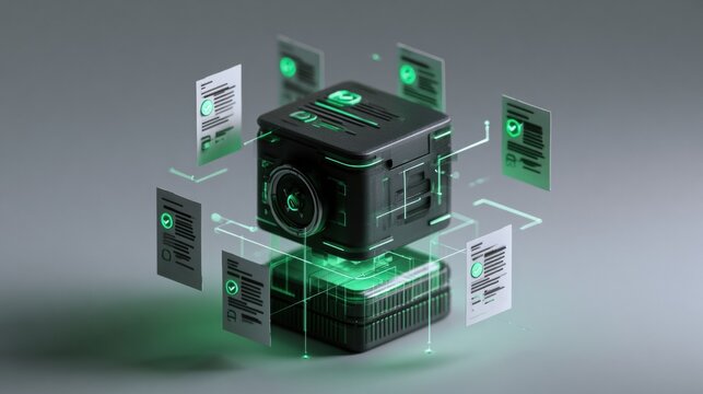 Visual shows SOX internal control framework with secured vault symbol, floating documents, checkmarks in dark graphite and emerald green colors.