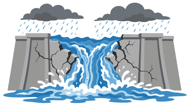 Broken Dam Wall During Severe Monsoon Storm Water Overflowing Through Cracked Concrete Flat Color Vector Illustration - professional high resolution commercial stock detailed commercial stock