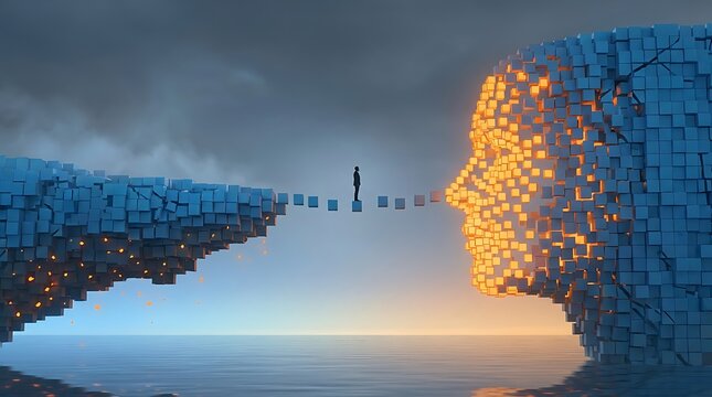 Human figure standing on bridge of blue pixels connecting to giant pixelated human face illuminated in gold color over dark blue ocean under cloudy sky.