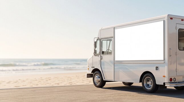 Clean white food truck mockup parked near sandy beach and sea, empty side panel template for street food catering advertisement and vehicle presentation
