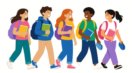 Fototapeta premium Diverse group of happy students walking together carrying colorful backpacks and holding notebooks and pencil cases - vibrant back to school vector illustration for education design projects