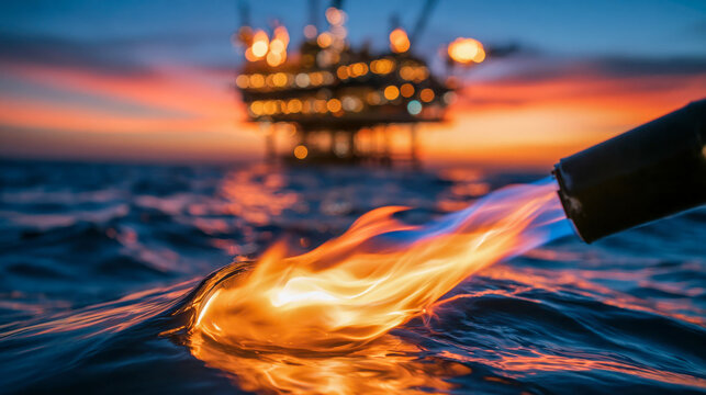 Offshore oil rig burning at sea with intense flames near sunset, illustrating an industrial accident, fire hazard and petroleum emergency