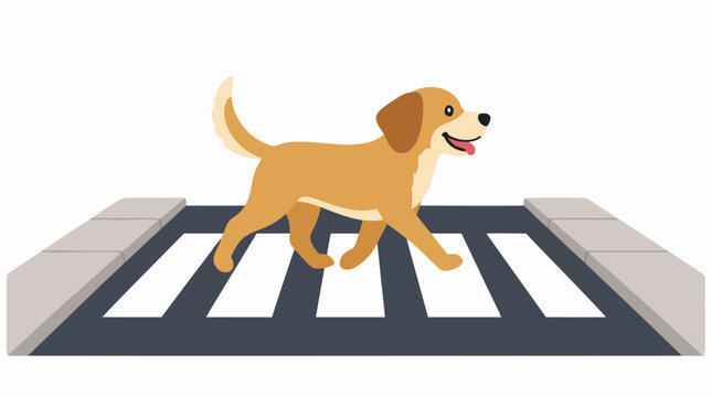 Happy golden brown dog trotting across pedestrian zebra crosswalk on street, cheerful flat vector cartoon illustration with bold simple colors, clean geometric shapes isolated on white background