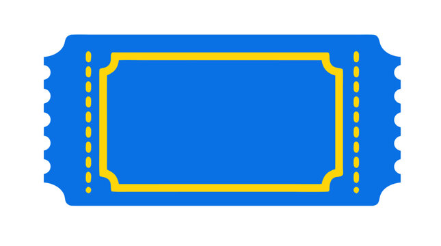 Flat design raffle ticket vector illustration with small rounded scalloped edges on both ends in vibrant blue and yellow colors on clean white background - professional detailed commercial stock