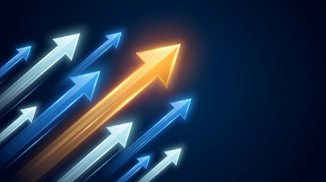 Golden arrow leads group of blue and white arrows upwards on dark background signifying success and growth strategy for business.