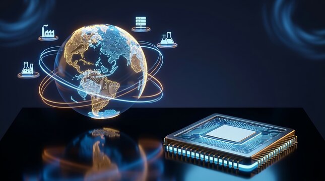 Global digital network connecting industries and scientific research with microchip technology for future innovation and data processing.