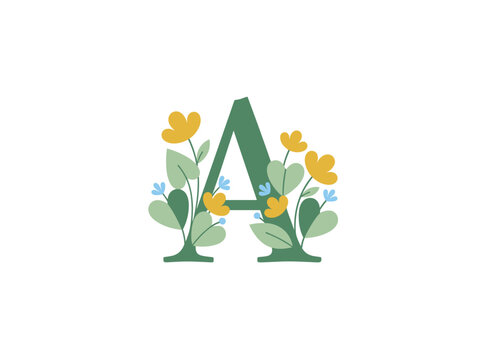 Elegant green monogram letter A decorated with yellow blossoms, small blue wildflowers, and green leaves on white.