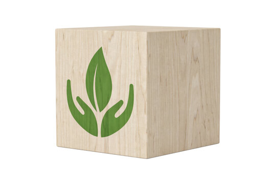 Wooden cube featuring a green leaf icon held by two hands symbolizing sustainability and environmental care isolated on a transparent background