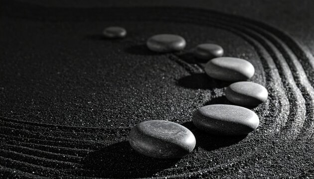 Smooth, Flat Grey Stones Arranged on Raked Black Sand for Zen Meditation and Tranquil Garden Design