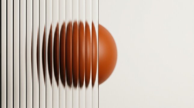 Abstract composition featuring a round orange sphere distorted behind a series of vertical glass panels creating optical illusions