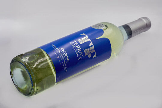 Terras de Felgueiras Portuguese Escolha white wine closeup on white.