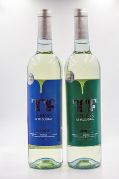 Terras de Felgueiras Portuguese white wines closeup on white.