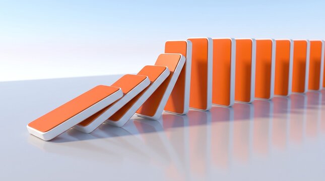 A row of orange dominoes falling in a chain reaction on a reflective white surface conceptualizing business strategy
