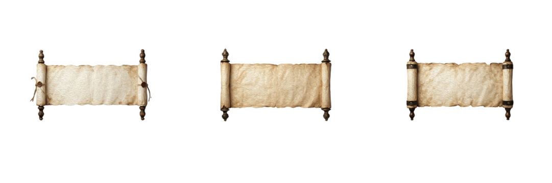 Vintage Scroll PNG Bundle: Old Aged Paper Parchment Documents with Wooden Rollers and Spindles, Antique Historic Manuscript Graphics and Fantasy Map Elements Isolated on Transparent Background