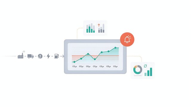 Industrial emission monitoring dashboard with factory transportation, energy usage, and real-time carbon data alerts