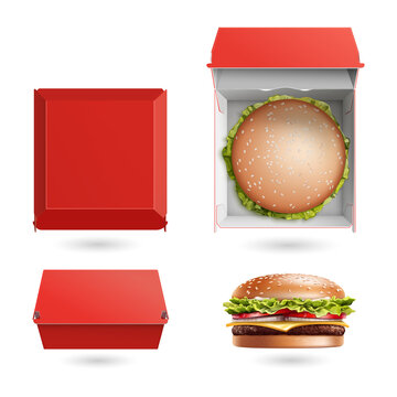 Red box hamburger packaging with burger inside on transparent background