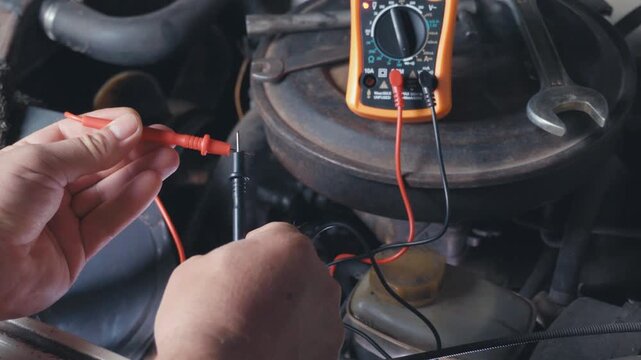 Technician uses multimeter to test electrical connections on a car engine, with visible tools and components in a well-lit garage environment, showcasing precise measurement actions and equipment hand