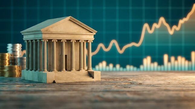 Miniature classical Greek bank building with columns stands on wooden surface with stacked coins and blurred stock market graph behind, symbolizing finance.