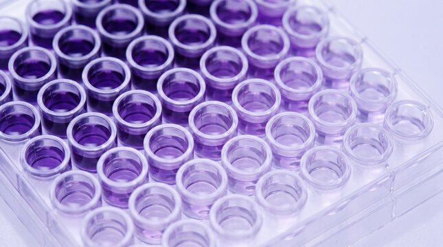A laboratory multiwell plate containing purple liquid samples showing a gradient of concentration for scientific research and testing