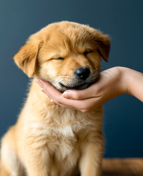 A cute golden puppy resting its muzzle comfortably in a human hand, closing its eyes in pure bliss and relaxation against a solid dark blue studio background