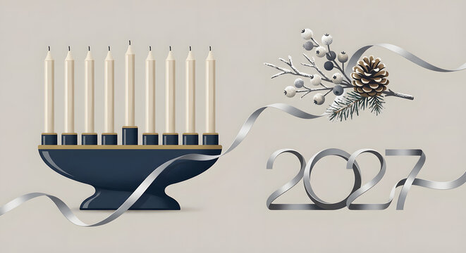 Elegant 2027 Hanukkah menorah digital illustration. Jewish holiday greeting card template with silver ribbon, winter berries, and pinecone on a neutral background. Festival of lights celebration.