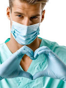 A portrait of a male doctor or nurse wearing a medical mask and blue gloves, forming a heart shape with his hands to show love, support, and care against a white background