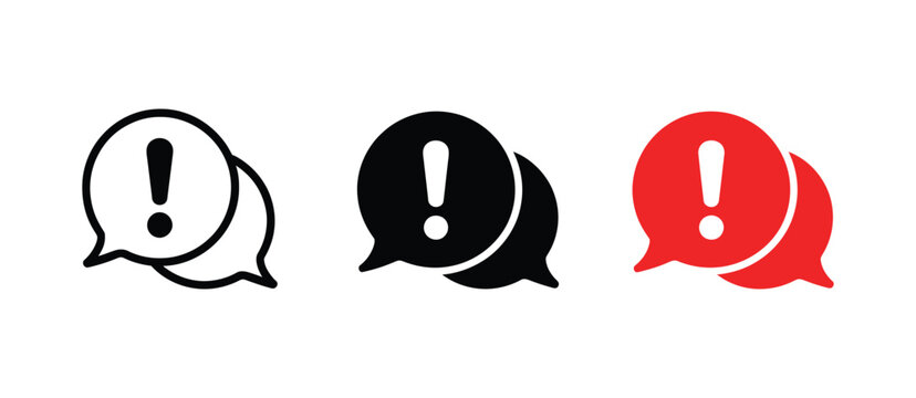 Exclamation mark chat icon, warning speech bubble sign for important message, alerts, notifications, communication, and attention