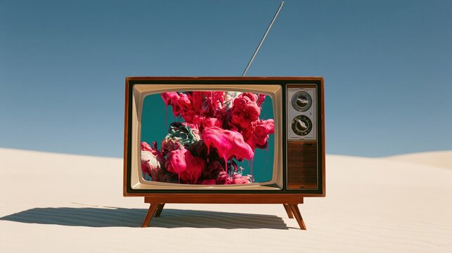 A vintage wooden television set displaying a vibrant explosion of pink paint on its screen stands atop white desert sand dunes under a clear blue sky with an antenna extended.
