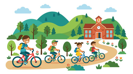 Fototapeta premium Children riding bicycles to school along winding path through green hills, late summer back to school concept, flat vector illustration with kids cycling to brick schoolhouse