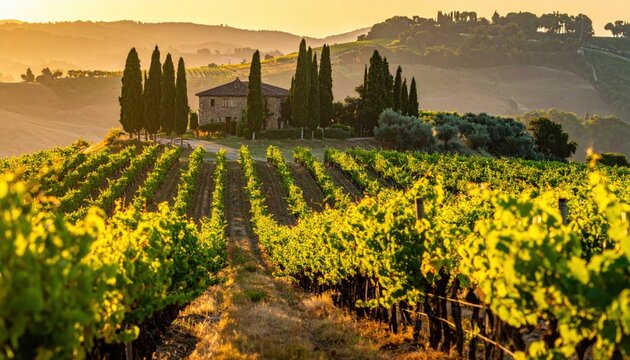 Sun-drenched Tuscan vineyard with rolling hills and a stone farmhouse at golden hour