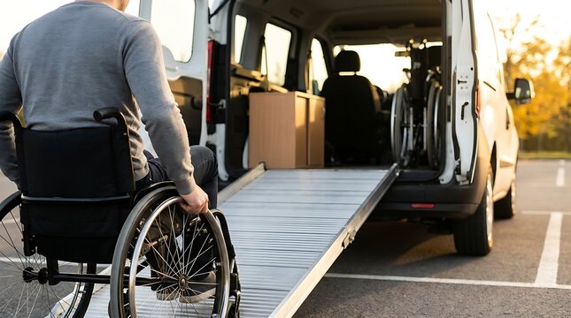 Rear view of wheelchair user ascending metal loading ramp into customized white transport vehicle parked in suburban lot during bright evening sunset.