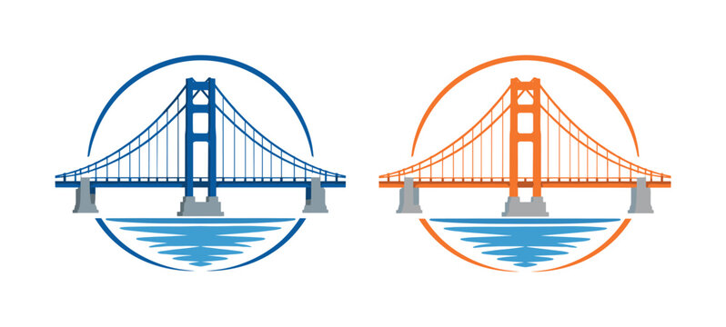 Pair of suspension bridge emblems in blue and orange with water reflection