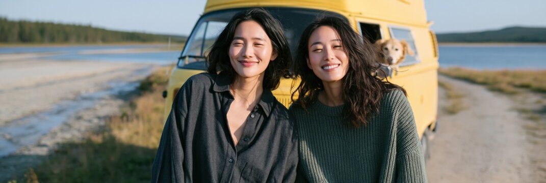 Two friends smiling by a yellow campervan on a coastal road for travel background banner and summer adventure poster