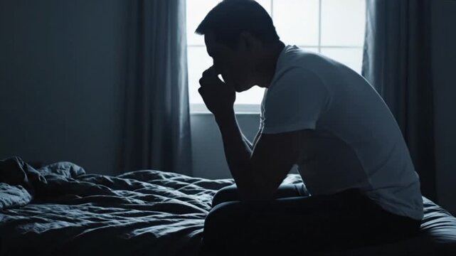 Man sitting on a dark bed in a hunched position with clasped hands, showing despair and emotional exhaustion.