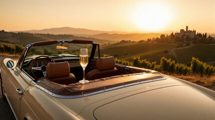 Obraz premium Convertible car with champagne glass parked in Tuscan vineyard at sunset. Scenic rolling hills and ancient villa create romantic idyll. Perfect for luxury travel celebration.