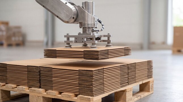 Robotic arm precisely stacking flat packed cardboard boxes on a wooden pallet, demonstrating efficient industrial automation, logistics, and supply chain operations in a modern factory setting