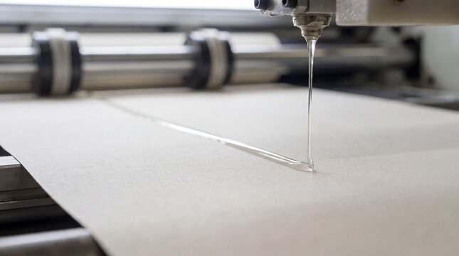 Clear adhesive applying to paper layer in a manufacturing process, representing industrial production, bonding, packaging, and material lamination