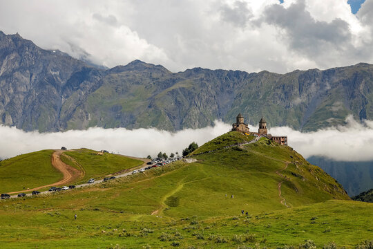 Gergeti Trinity Church (Tsminda Sameba), Holy Trinity Church near the village of Gergeti in Caucasian mountains, Georgia