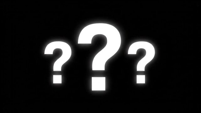 Three large glowing white question marks on a black background with soft glow effect and subtle movement.