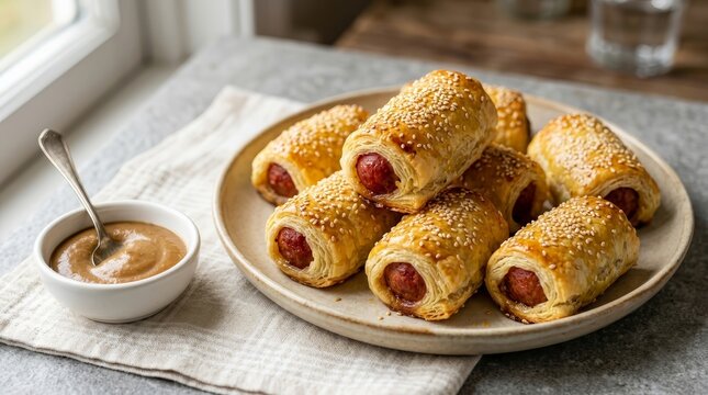 Baked sausage rolls in pastry on a ceramic plate with mustard sauce.