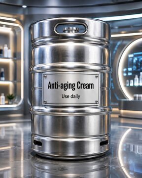 A large metallic barrel labeled 'Anti-aging Cream' stands prominently in a sleek, modern room that blends humor with a futuristic design