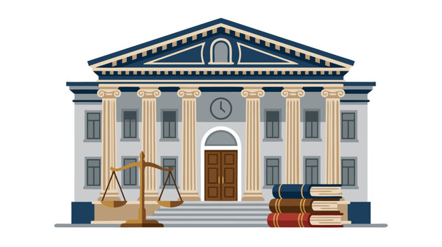 Classical Judicial Court Building Vector Illustration Featuring Tall Ionic Columns, Triangular Pediment, Clock, Balanced Brass Scales of Justice, and Stacked Law Books on Clean White Background