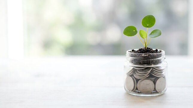 A small green plant grows from soil inside a glass jar filled with silver coins on wooden table symbolizing financial growth and sustainable eco investment.