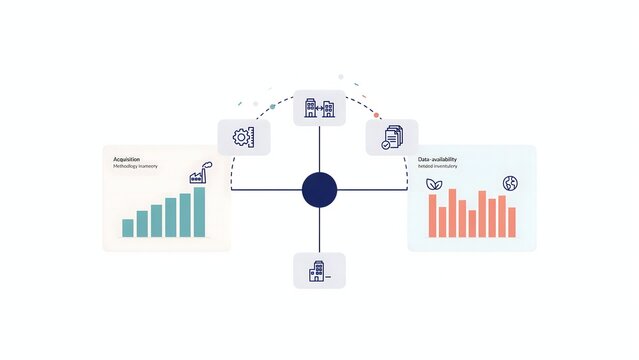 Data acquisition and availability infographic showing a central node connected to industrial growth charts and environmental sustainability metrics