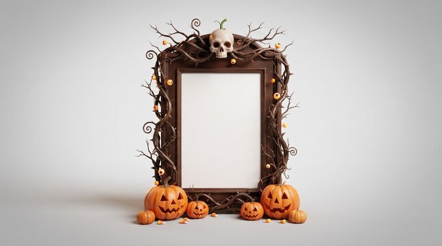 Halloween photo frame with skull and pumpkins on a white background