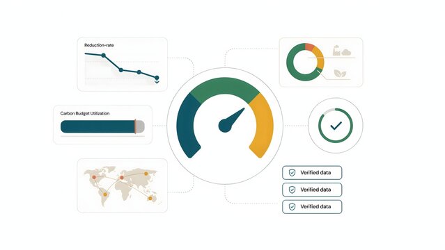 Carbon budget and data verification dashboard with speedometer gauge, reduction rate chart, and global location tracking network map