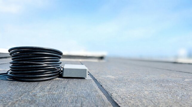 Coiled black electrical cable on flat roof with clear sky